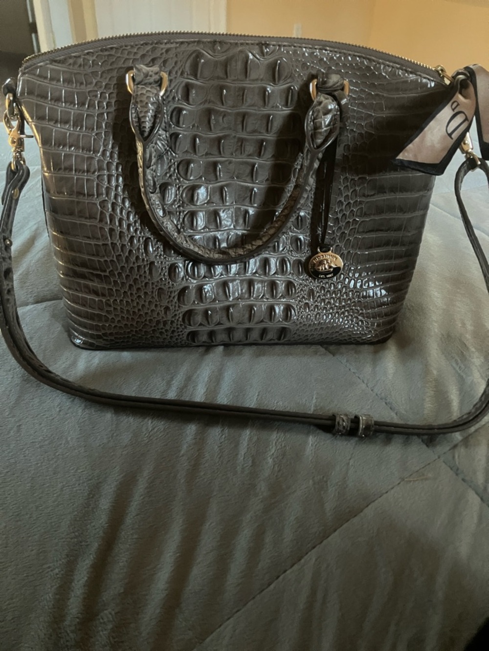 Brahmin Black Croc-Embossed Satchel with Removable Strap